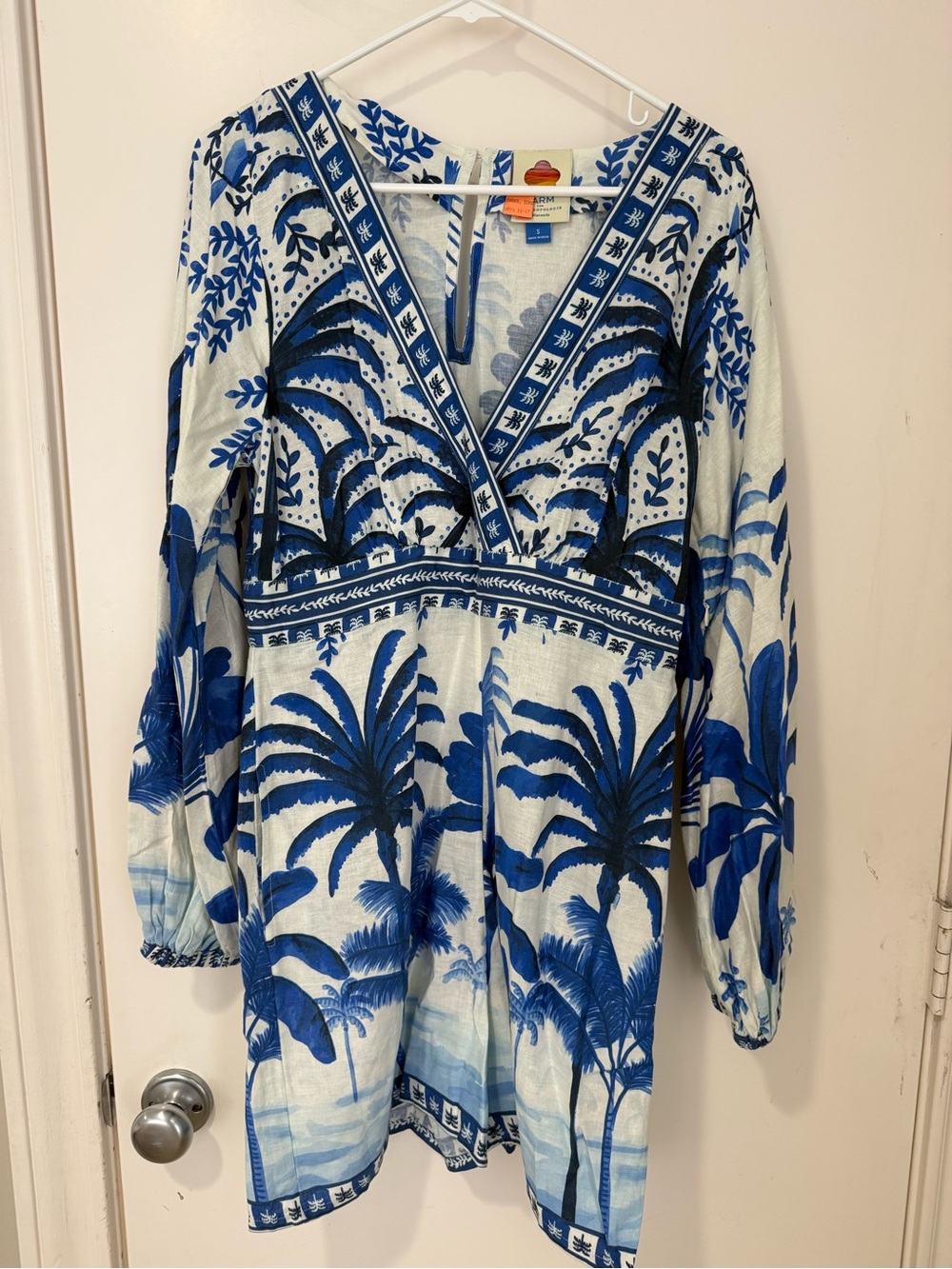 FARM Rio Blue and White Botanical V-Neck Romper